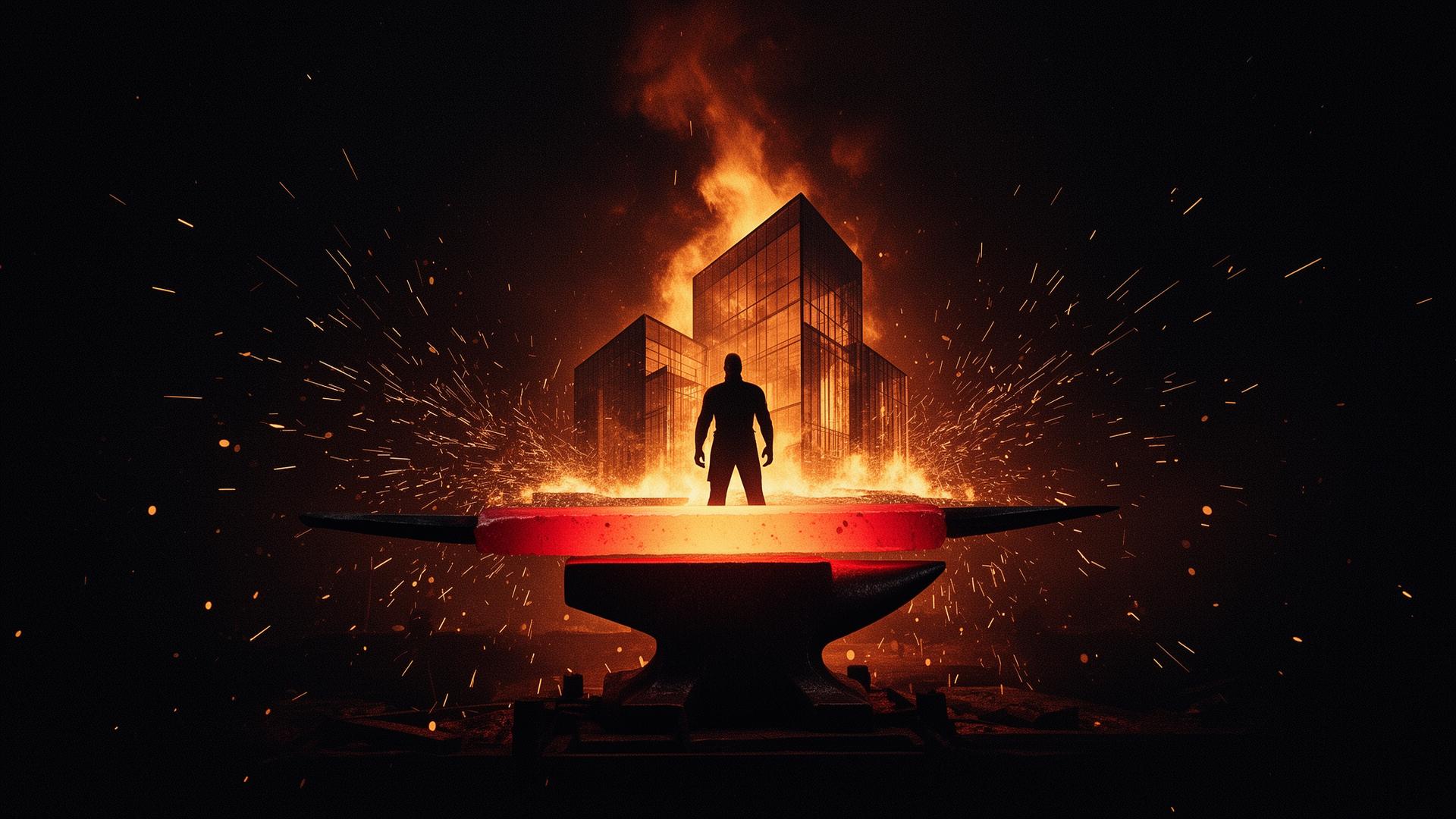 Forja con acero al rojo vivo y estructuras arquitectónicas emergiendo del fuego